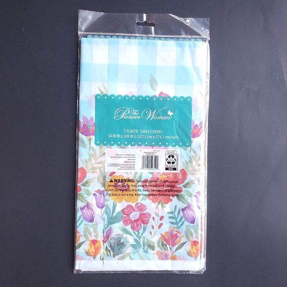 Pioneer Woman Plastic Table Cover 54 x 108 Blooming Plaid Tablecloth 2 in Pack - Picture 3 of 5